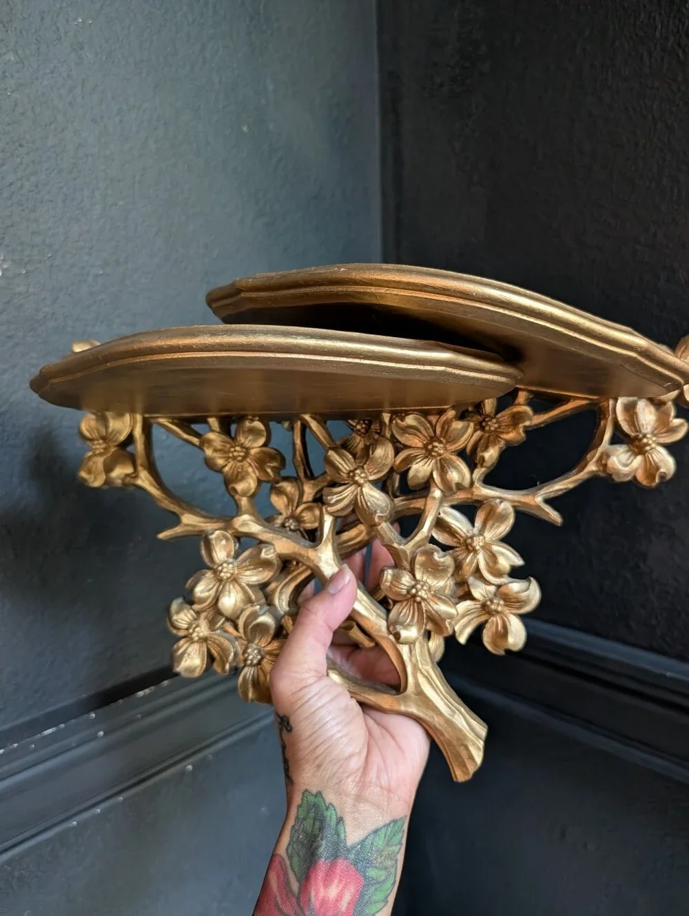 Vintage, Set of 2, MCM Gold Syroco/ Homco dogwood florals branch wall shelves,